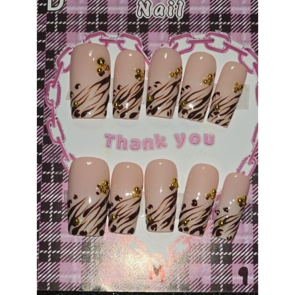 Nude & Chocolate Zebra Press-On Nails with Gold Stud Accents | Glossy Square